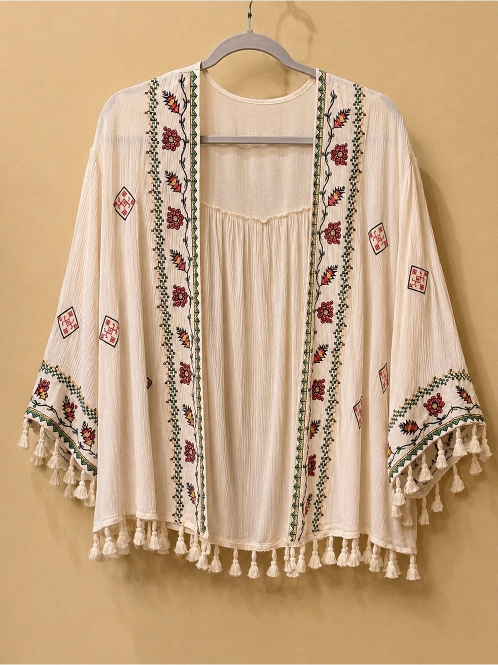Cream Embroidered Tassel Kimono One Size Fits Most No Tags
